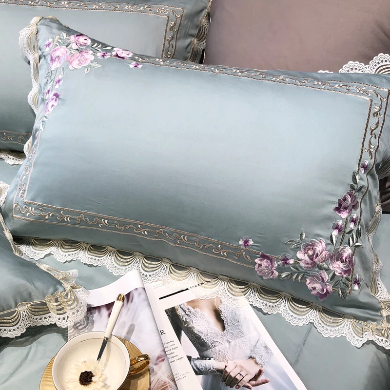 فراش سرائر للمنازل مجموعات الأزرق القطن المصري لينة غطاء لحاف التطريز طقم سرير المخدة الملك حجم الملكة حجم 4 قطعة