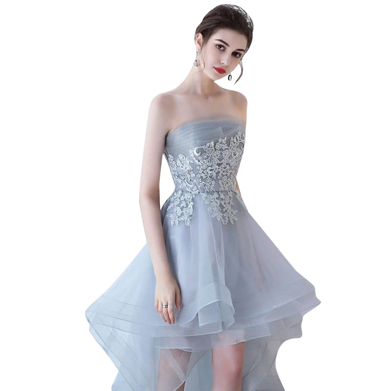 Grey Strapless Tulle Appliques Lace-Up Prom Dress with Built-In Bra for Evening Party by Beauty-Emily image 6