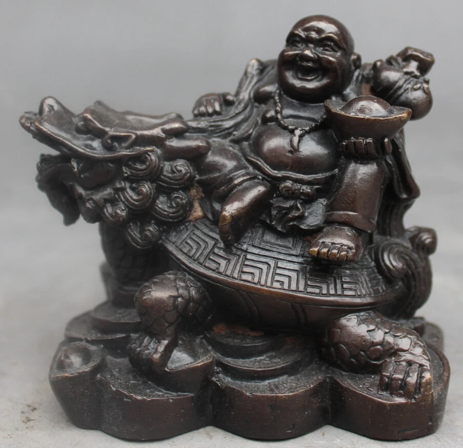 

9cm China Bronze Happy Laugh Maitreya Buddha Ride Dragon Tortoise Buddha Statue (A0314)