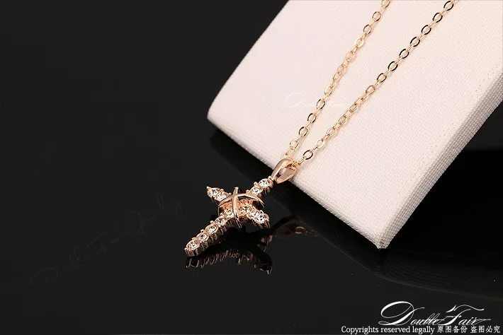 Double Fair Cross Cubic Zirconia Pave Necklaces & Pendants Rose Gold/Silver Color Wedding Jewelry For Men and Women DFN451M