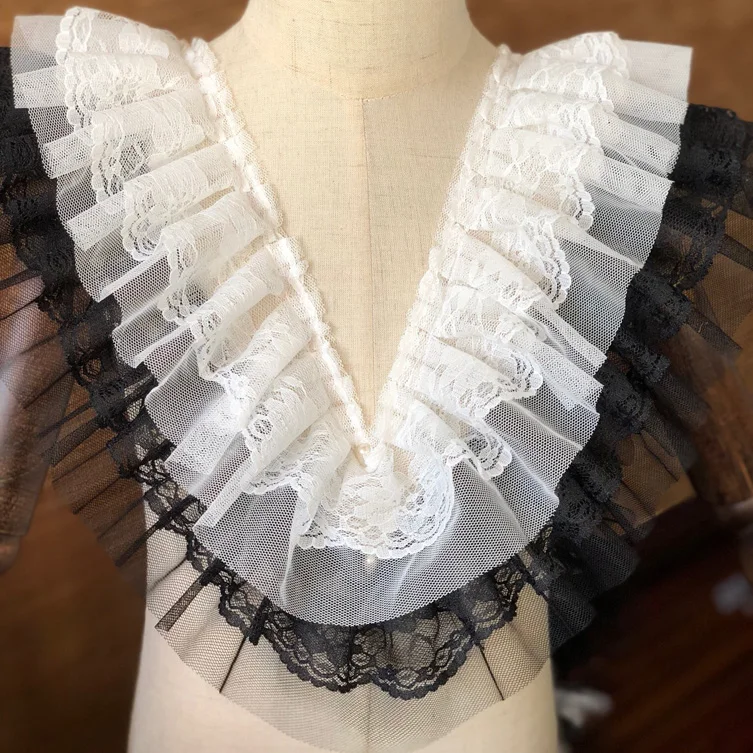 

5Yds/lot 9cm wide double layer black white pink purple pleated lace skirt collar skirt curtain pleated lace accessories SC620