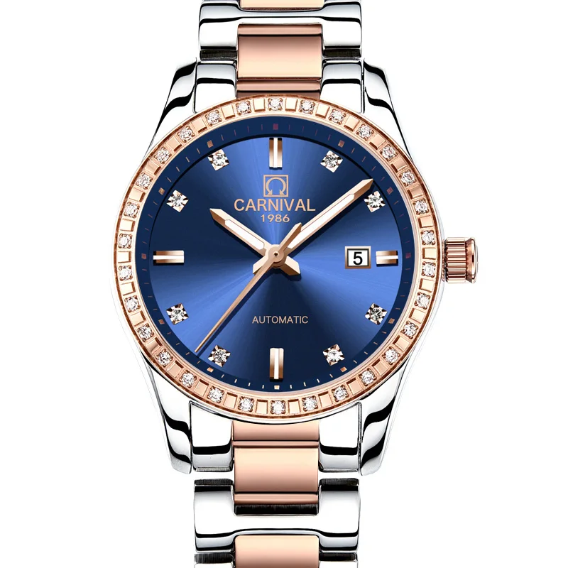 Розовое золото женские часы лучший бренд класса люкс карнавал автоматические часы женские календарь Сапфир водонепроницаемые светящиеся Montre femme - Цвет: Gold Blue