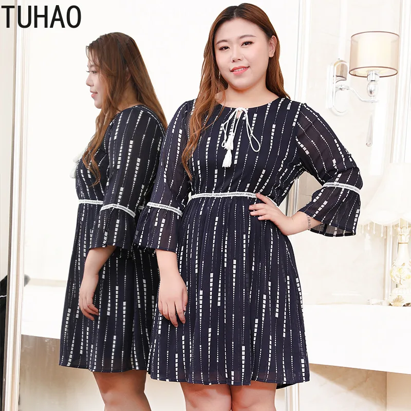

TUHAO Large Size 10XL 9XL 8XL 6XL Chiffon Printed Dresses for Women Spring Summer Flare Sleeve Elegant Office Lady Dress