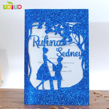 

Hot sell glitter blue paper wedding invitation card personalize bride groom names laser cut lace invitations with cheap price