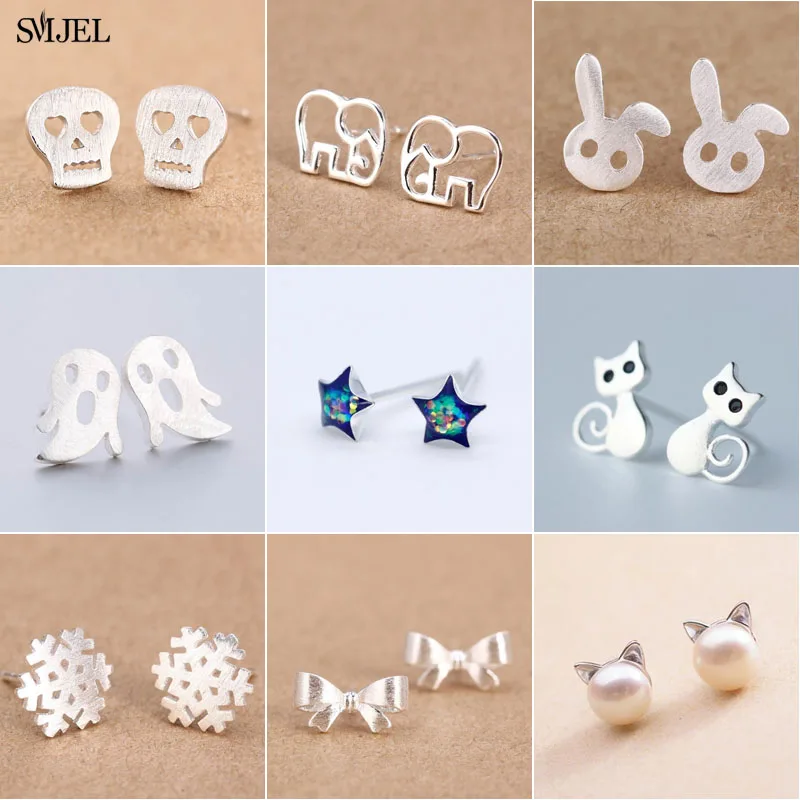 

SMJEL New Multiple Earings Fashion Jewelry Ghost Skull Bowknot Cat Stud Earrings for Women Anti-allergic Snowfalke Earring bijou