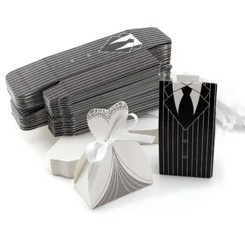 

Free Shipping 100pcs Bride and Groom Wedding Favor Candy box with ribbon wedding accessories decoration Decoupage paper