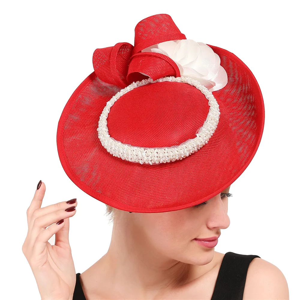 

High quality red copy sinamay fascinator millinery white floral headwear hairclips charming headpiece Simulation pearl accessory