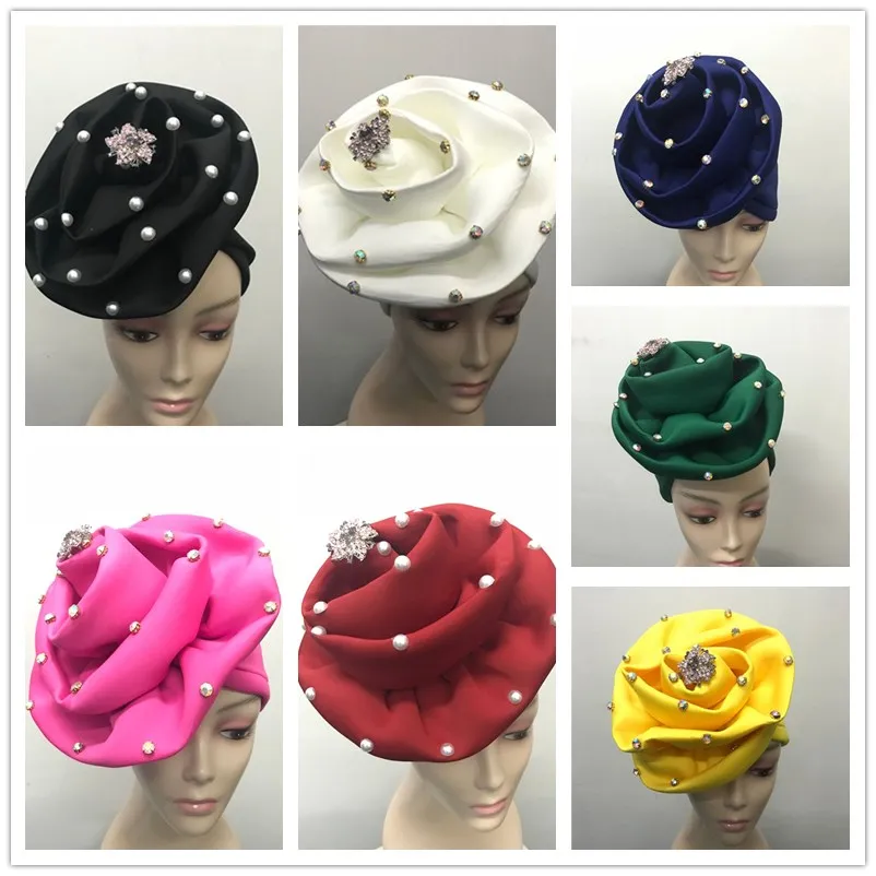 

2018 Nigerian gele headtie with beads already made auto gele turban cap african auto gele aso oke headtie with bead for women-L5