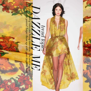 

Yellow pure silk printed fabrics clothing fabrics dress silk scarf cloth 100% Mulberry silk fabrics silk fabric
