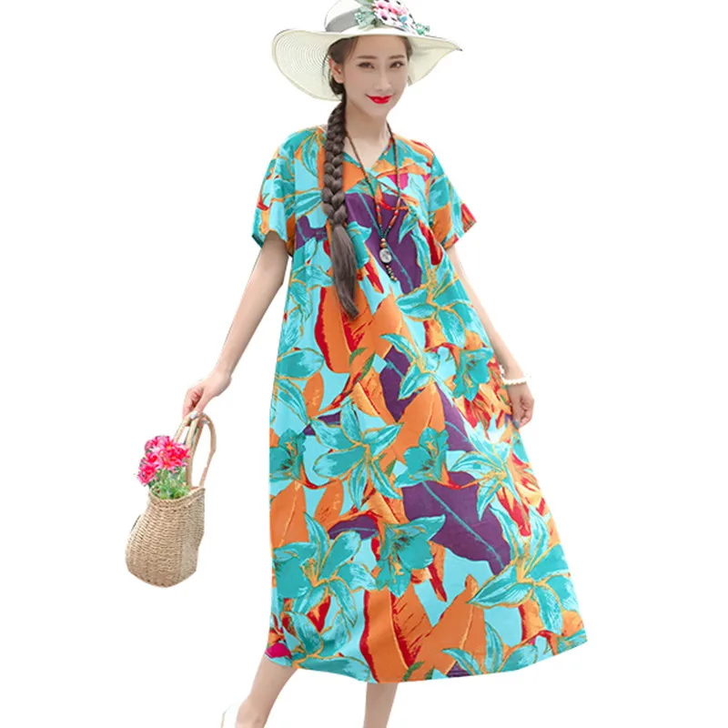 

Uego Fashion Print Floral Prairie Chic Vintage Dress Cotton Linen V-neck Short Sleeve Loose Summer Dress Women Casual Midi Dress