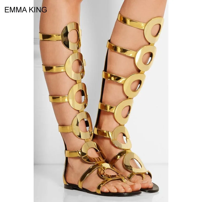 

EMMA KING Flat Knee High Women Sandals Hollow Out Breathable Back Zipper Round Toe Comfortable Spato Feminino Summer Boots