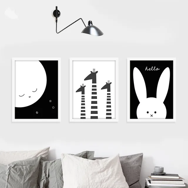 Modern Minimalist Nordic Black White Kawaii Animals Art Prints Modern Minimalist Nordic Black White Kawaii Animals Art Prints Poster Kids Room Home Decor Wall Picture Canvas Painting Sz886
