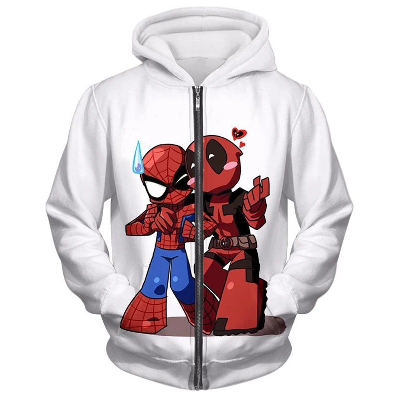 

Cloudstyle 2019 Cute Deadpool Spiderman 3D Printed White Men's Zipper Hoodies Anime Zipper Hooded Hoodies Streetwear Hoodie 5XL