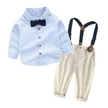 Качественные длинные комплекты одежды для мальчиков; рубашки; темно-синие брюки на подтяжках; детское праздничное платье; форменная официальная одежда для детского сада