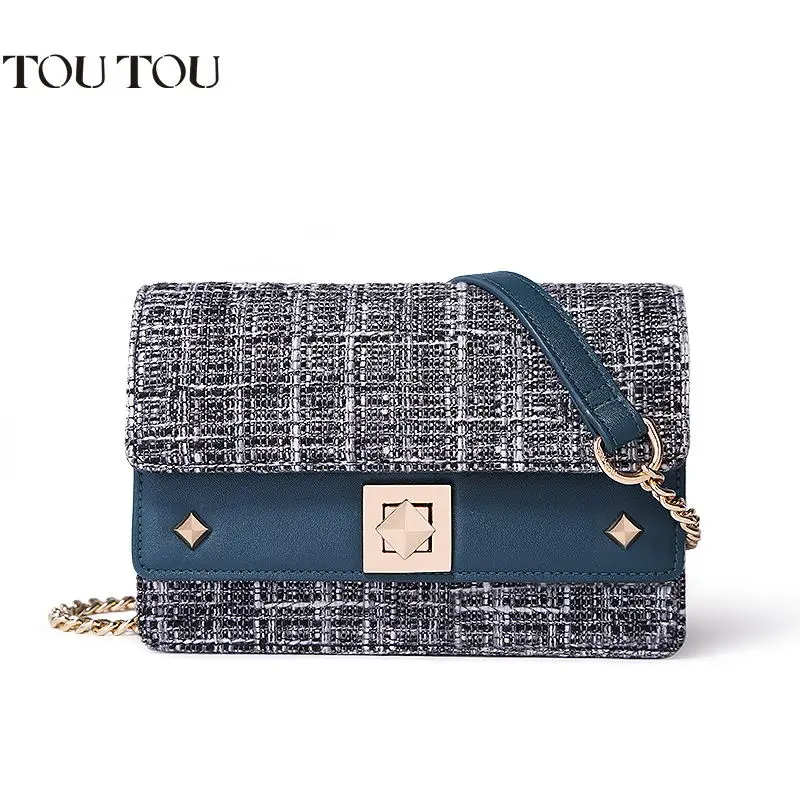 TOUTOU shoulder bag Women bags fashionable rivets joker bump color wool