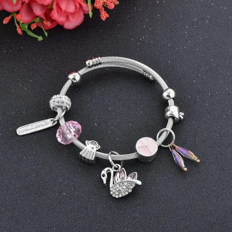

Szelam Love Cute Swan Charms Pink Crystal Rhinestone Beads Open Bangles Adjustable Silver Charm Bracelets For Women SBR180110