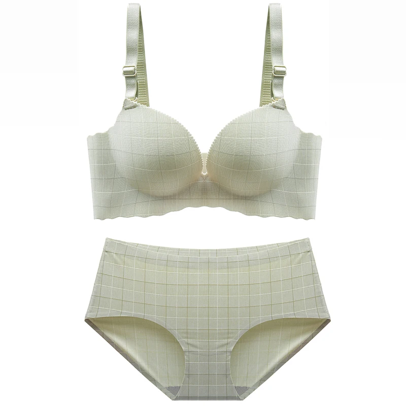 

Sexy Bra Set For Women Seamless Panties Lingerie Set Plaid 3D Cup Wire Free Bralette Push Up Bra Comfortable Underwear Set #D