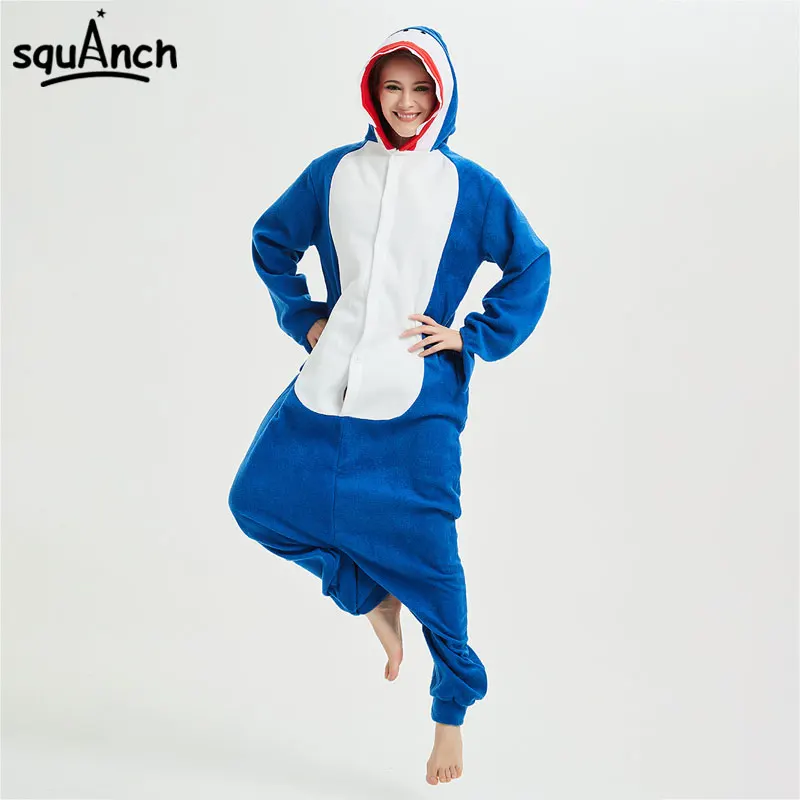 

Blue Shark Onesie Animal Kigurumi Polar Fleece Women Men Overall Suit Winter Funny Pajama Festival Party Jumpsuit Adult Outfit