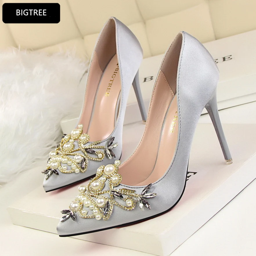 

Vintage Sexy Party Shoes Fashion Pearl New 2018 Women Pumps High Heels Shallow Elegant Wedding Shoes Breathable Ultra Heel 10CM