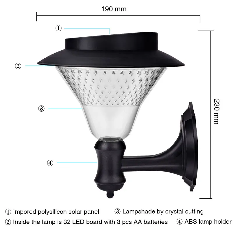 Светодиодный солнечный светильник 32 светильник, садовый настенный светильник, настенный светильник с датчиком, уличный светильник на солнечной батарее, светильник с питанием от батареи