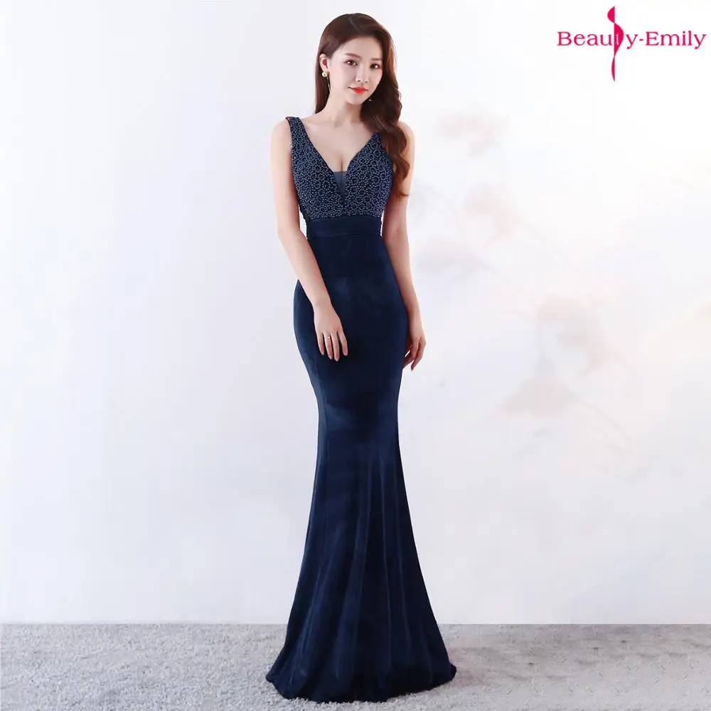 

Beauty Emily 2019 Long Sexy V Neck Mermaid Evening Dresses Sleeveless Rhinestones Appliques Sequins Party Gowns Vestido de noche