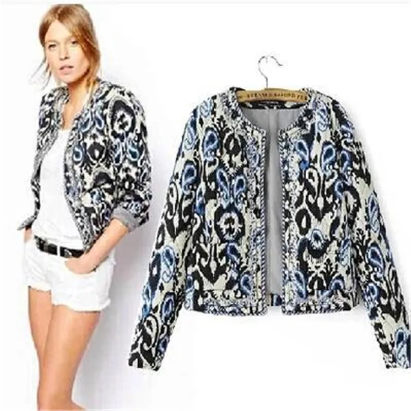 Jackets Women Print Stand Collar Zipper Jacket Wadded Outerwear Female