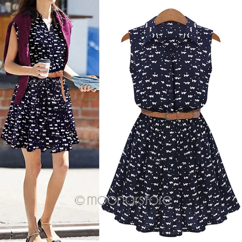 

Summer Dress New Women Shirts Dress Cat Footprints Pattern Show Thin Shirt Dress Dresses With Belt