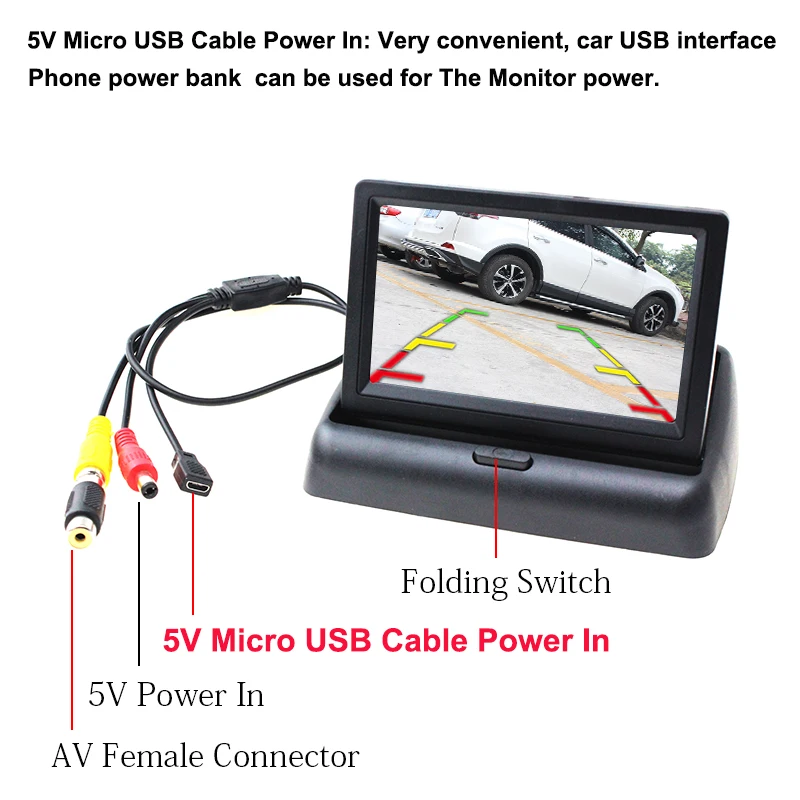 USB складной зеркало заднего вида автомобиля парковки заднего вида монитор 4,3 дюймов TFT ЖК-дисплей с 5V телефонное USB для заднего вида резервного копирования Камера Cam