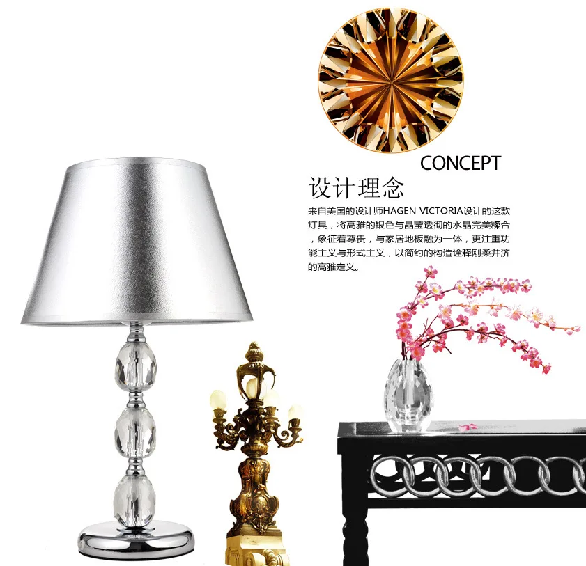 

Tuda 30X8cm Free Shipping Silver Fabric Lampshade Led Table Lamps Decorative Table Lamp Modern Luxury K9 Crystal Table Lamp E27