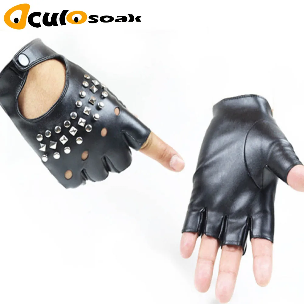 

Luxury PU Leather Gloves Mens Theatrical Punk Hip-Hop Glove Women Fashion Square Nail Fingerless Gloves Lady Mittens Black