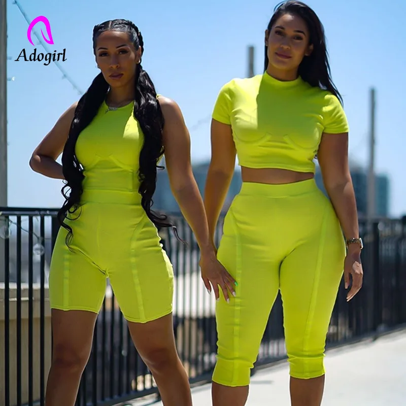 

Neon Sexy Short Two Piece Set Crop Tops and Biker Shorts Fluorescent Color Bodycon Matching Sets Summer Clothes Tracksuit Women
