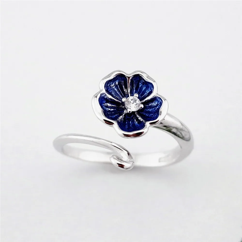 blue cz flower Drop glaze open ring 100% Sterling 925 silver Jewelry Vintage Adjustable rings for women gift