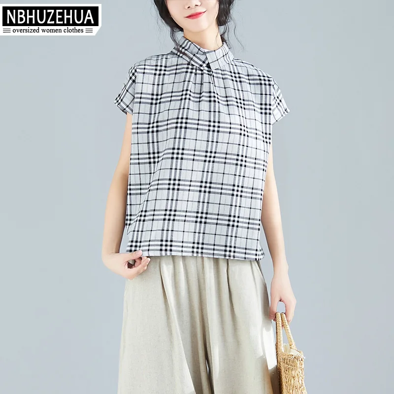 

NBHUZEHUA Womens Tops and Blouses 2019 Summer Short Sleeve Plaid Woman Top Cotton Linen Large Size Women Blouse 4XL 19-A34