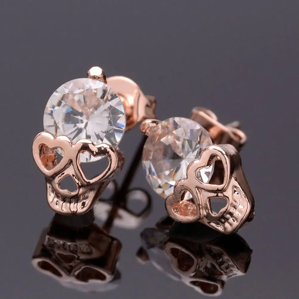 

1 Pair Women Ladies Rose Gold Tone Crystal Skull Pierced Studs Earrings