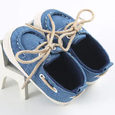 Детские первые ходунки для малышей, новорожденная девочка, джинсовая мягкая подошва, детские кроссовки для детей, не умеющих ходить, бандажные шнурки 0-18 м - Цвет: Синий