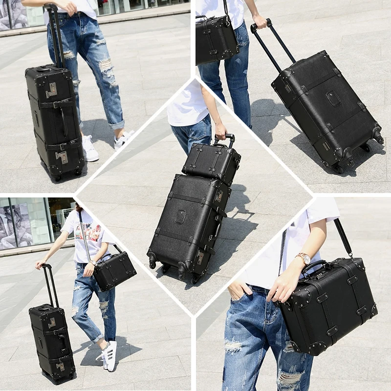 Retro Rolling Luggage Spinner Vintage Leather Suitcase on Wheel Women Trolley Travel Bag Men Trunk Carry On Luggage handbag spinner luggage