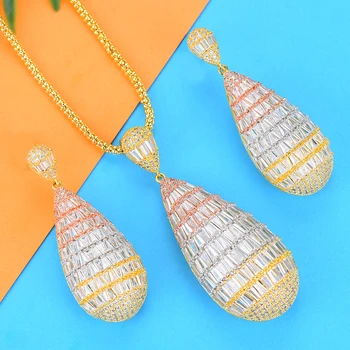 

SISCATHY Fashion Long Chain Water Drop Necklace Big Drop Earrings Jewelry Sets For Women Luxury CZ Party Weddings Jewelry Sets