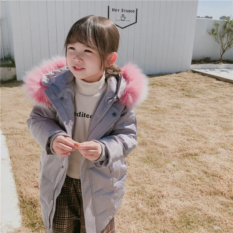 

2018 Winter New Arrival korean style cotton pure color hooded fur Collar thickened and warm long coat for fashion baby girls