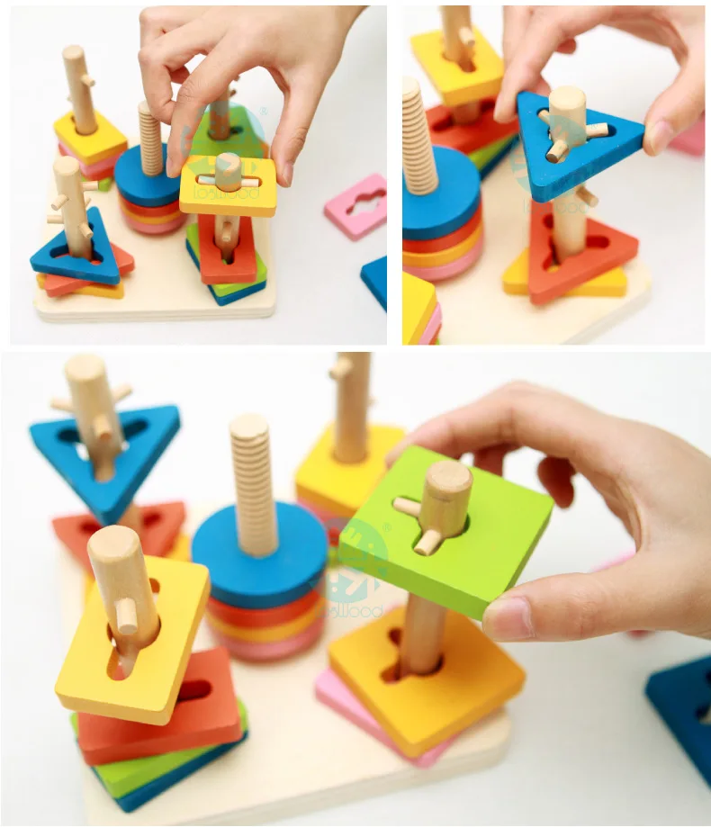 Coloridas de Madeira de Cinco-coluna Forma de Correspondência Bloco de Construção de Brinquedos Educacionais do Bebê Forma de Reconhecimento Crianças Geométrica Conjunto Cor 11 Brinquedos de encaixar