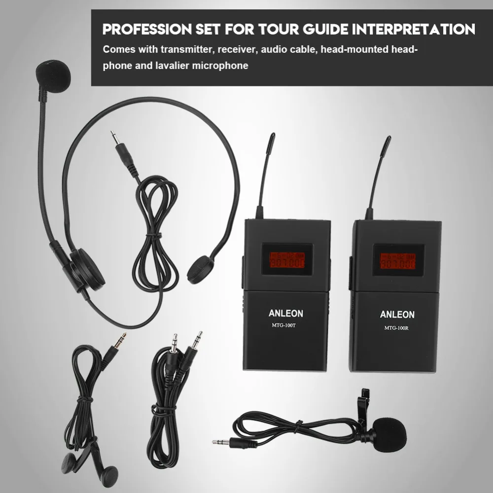 

Simultaneous Translation System Kit Receiver Transmitter Microphone Headphone For Tour Guide LCD Display Noise Cancelling Sound