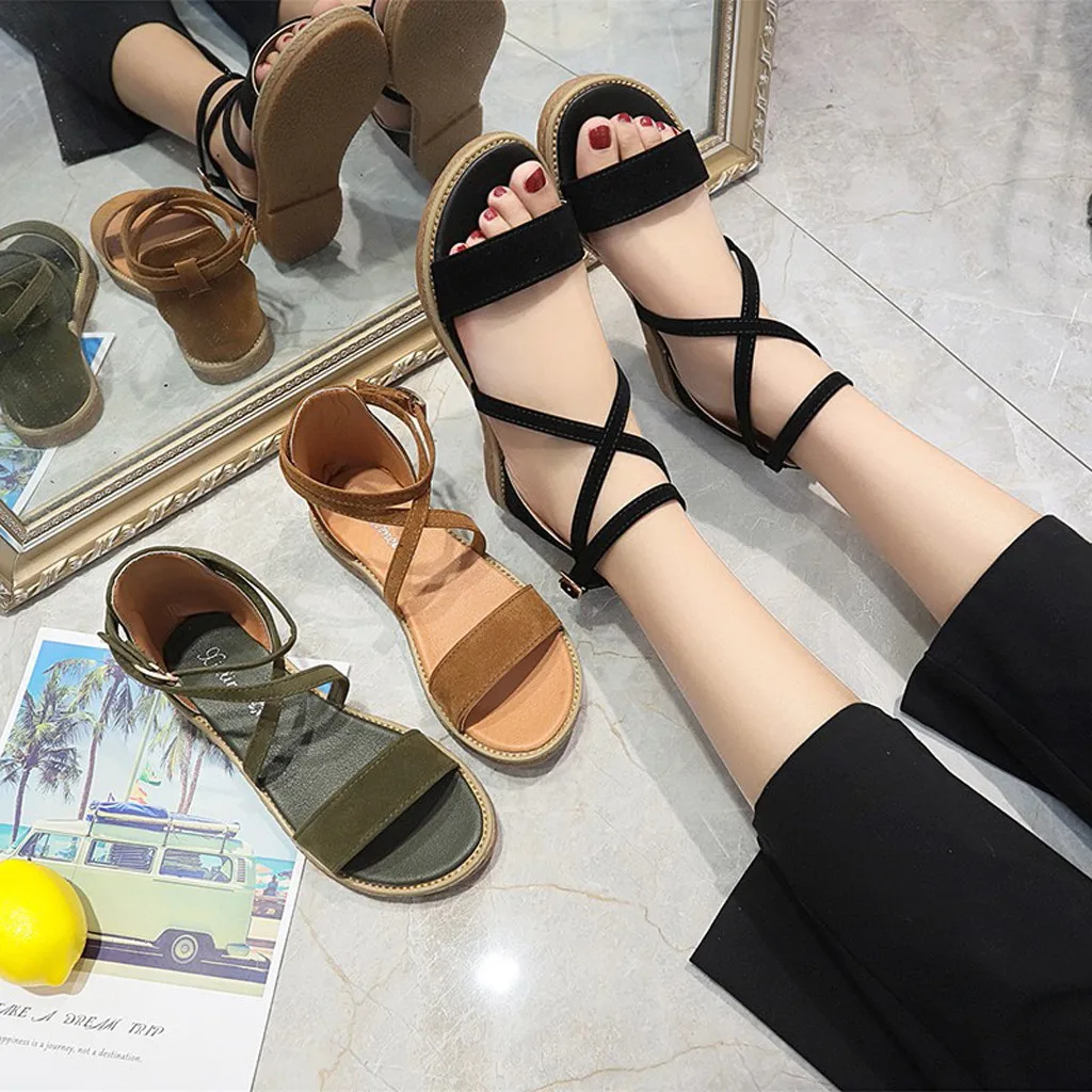 

YOUYEDIAN Women's Ladies shoes Summer Bohemian Cross Belt Cross-tied Flat Beach Sandals solid color Roman Shoeszapatos de mujer