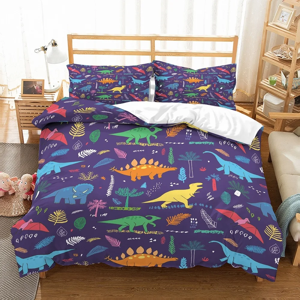 Queen QUILT SET JURASSIC Full BOYS WHITE BLUE REX DINOSAUR DINO COVERLET