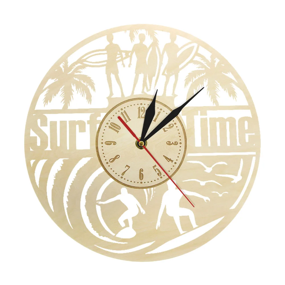 

Vintage 30cm Surfing Time Wooden Wall Clock Watch Summer Palm Wave Silent Watch relojes de pared Avid Sport Surfer Birthday Gift