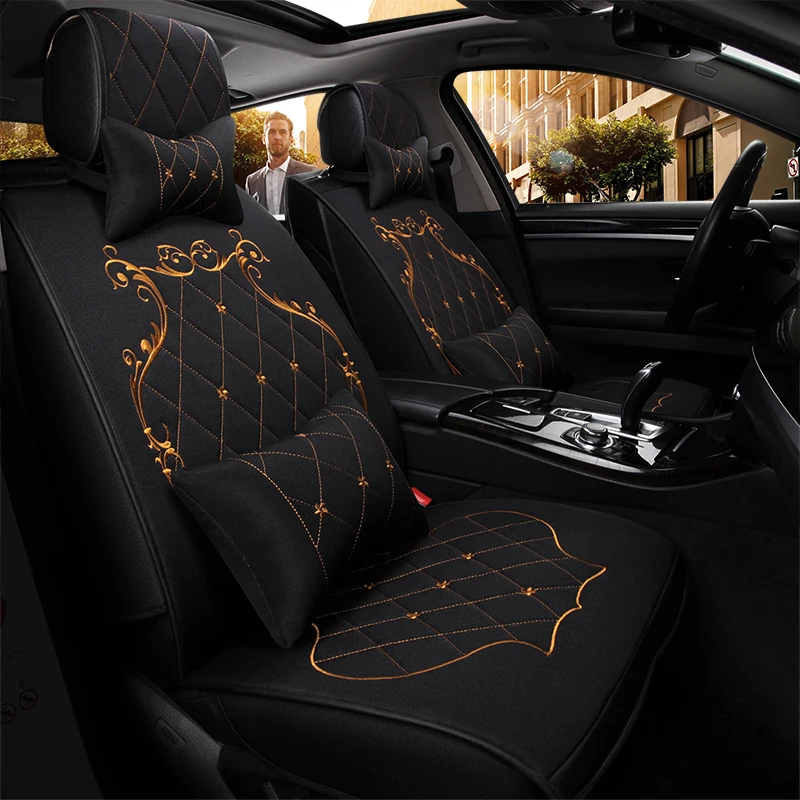 13PCS Full Flax Fabric Automobiles Seat Covers Classic Embroidery Car Seat Cover Car Interior