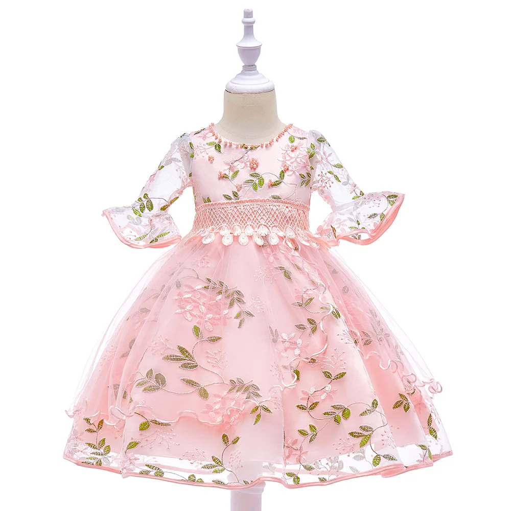 Бальное платье розовый o-образным вырезом узор цветок лук Bling блестками дети принцесса Платье для девочек с цветочным узором нарядные