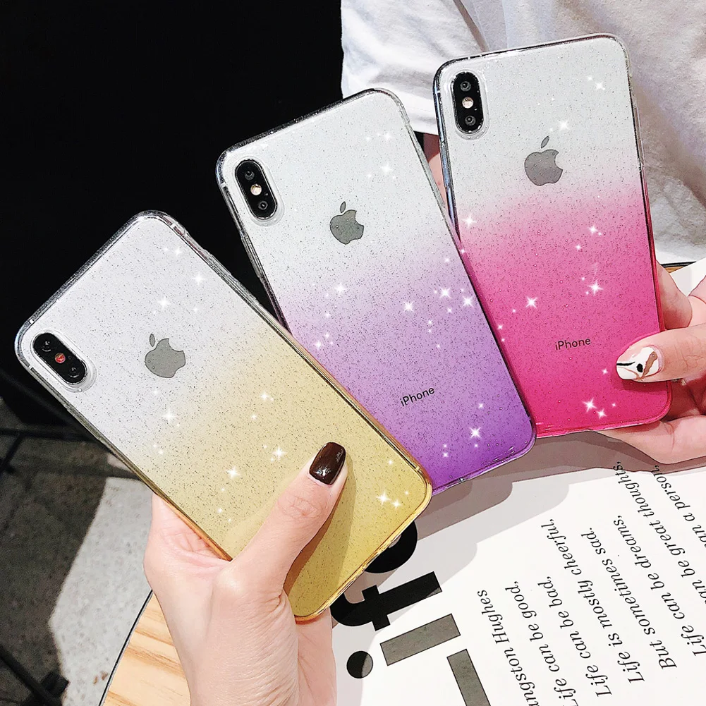 Чехол для iPhone 7 Plus X 8 градиентный блестящий чехол телефона XS/XS MAX/6 мягкий цветной