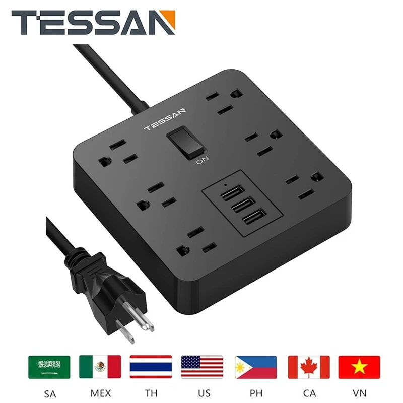 Tessan путешествия мощность полосы с 3 USB порт 6 AC розетки зарядная станция с 4ft удлинитель много точек гнездо для нас