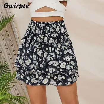 

Gwirpte Boho floral print holiday beach skirts womens high waist ruffle A-line mini skirt plus size ladies skirts 2019