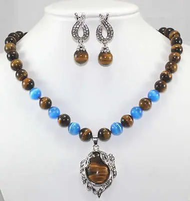 

WE15 Tiger Eye/Tiger eye pendant necklace Set 18''Crystal Healing Chatoyant AAA style 100% Natural jade Noble Fine jewe