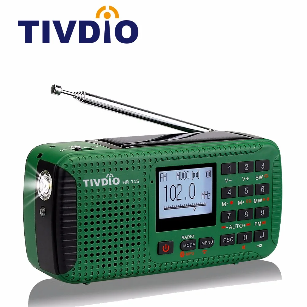 TIVDIO HR 11S Portable Radio Hand Crank Solar Emergency Radio Receiver FM MW SW With Bluetooth
